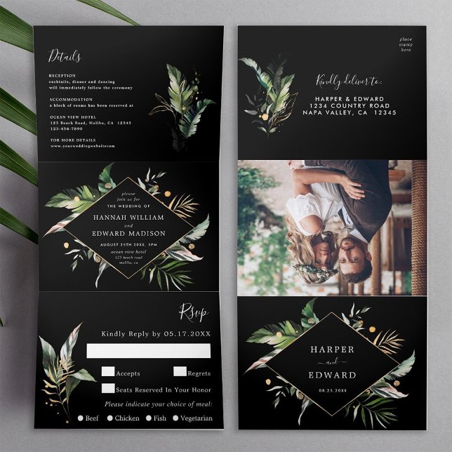 Invitación Tríptica Boda negro follaje tropical salvaje todo en uno (Inside & Outside)
