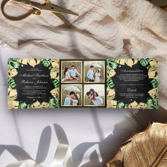 Invitación Tríptica Boda negro verde y Relieve metalizado dorado Monst (Subido por el creador)