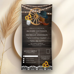 Invitación Tríptica Boda Occidental de Vaquero Girasoles Madera Rústic