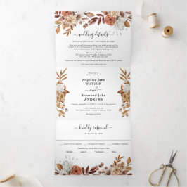Invitación Tríptica Boda Otoño Acuarela Elegante Tri-plegable