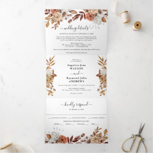 Invitación Tríptica Boda Otoño Acuarela Elegante Tri-plegable