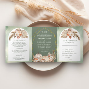 Invitación Tríptica Boda Otoño Bohemio Flor de Calabaza de Pampas Verd