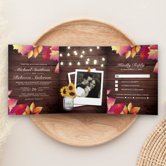 Invitación Tríptica Boda Otoño Hojas de Otoño Rústicas de Madera Todo  (Subido por el creador)