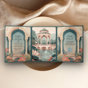 Invitación Tríptica Boda palaciega india rústica con estanque de lotos
