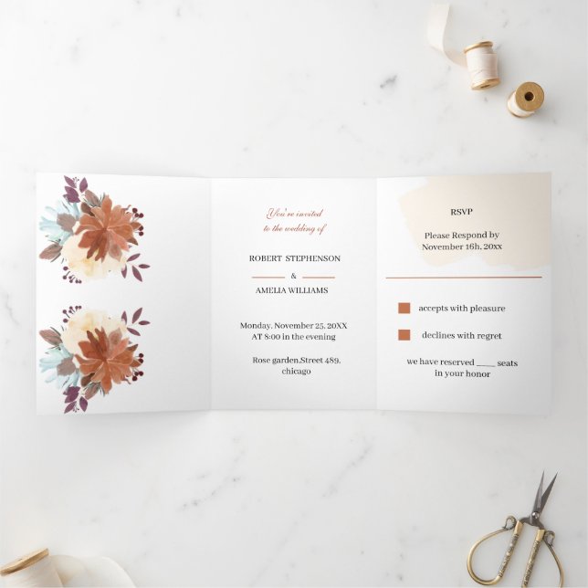 Invitación Tríptica Boda personalizado de la flor marrón rusa (Interior)