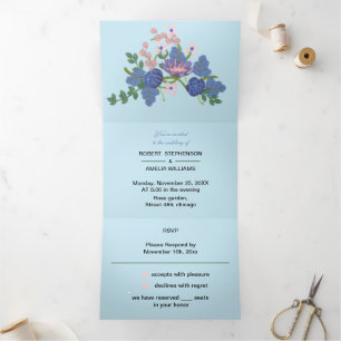 Invitación Tríptica Boda personalizado elegante flor púrpura