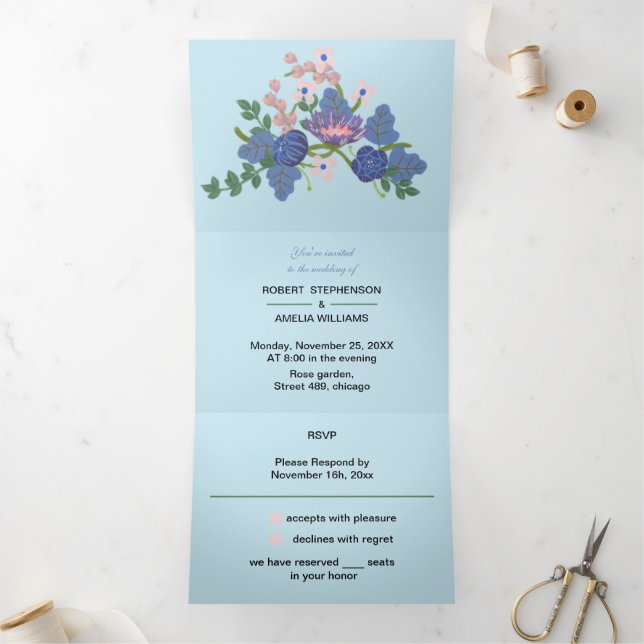 Invitación Tríptica Boda personalizado elegante flor púrpura (Interior)