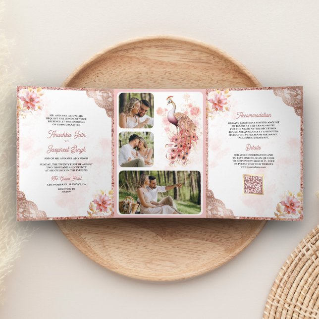 Invitación Tríptica Boda Pink Rose Gold Lace Floral Indian Peacock (Subido por el creador)