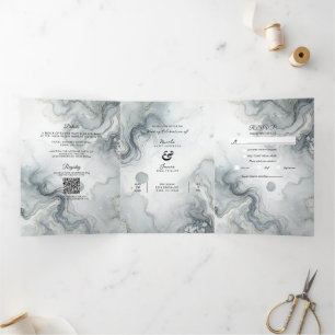 Invitación Tríptica Boda playera acuarela gris azul y dorado