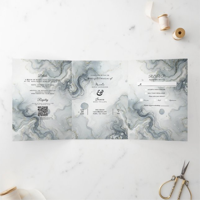 Invitación Tríptica Boda playera acuarela gris azul y dorado (Interior)
