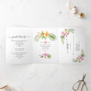 Invitación Tríptica Boda playera floral tropical acuarela trifold