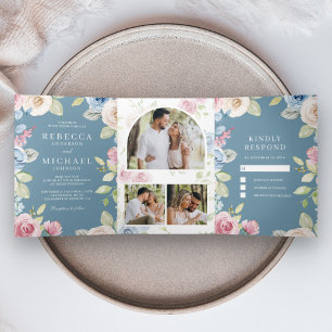Invitación Tríptica Boda Polvorienta Floral Azul Suave de Primavera