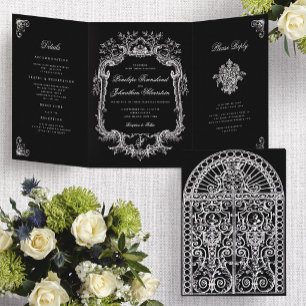 Invitación Tríptica Boda Puerta Arqueada Negro Blanco Barroco Vintage
