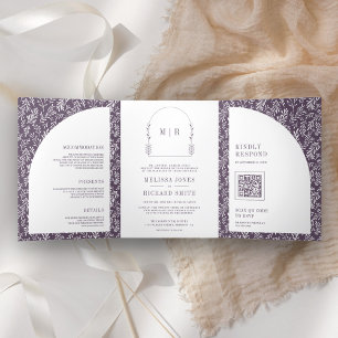 Invitación Tríptica Boda Purple de Arco de Leaf de Línea Mínima
