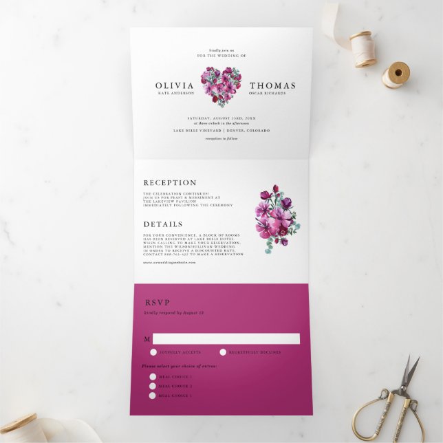 Invitación Tríptica Boda Purple Watercolor Floral Heart Bouquet (Interior)