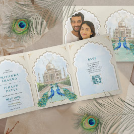 Invitación Tríptica Boda QR del Taj Mahal Arch de la India