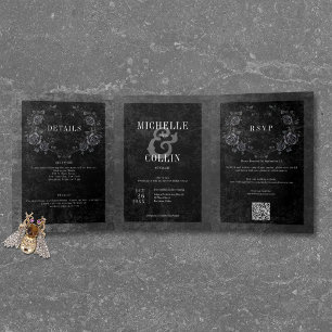 Invitación Tríptica Boda Raven Negro Gótico y Rosas Negros Tri-Fold