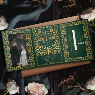 Invitación Tríptica Boda Real de Espada Medieval Verde