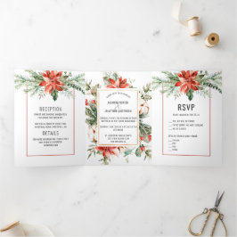 Invitación Tríptica Boda Red Poinsettia Evergreens Red Berries