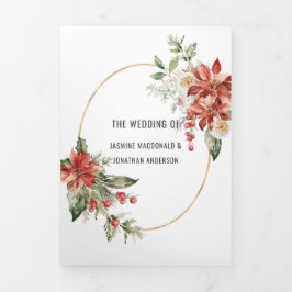 Invitación Tríptica Boda Red Poinsettia Evergreens Red Berries