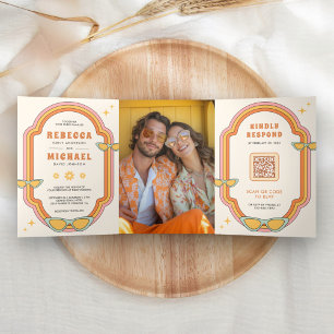 Invitación Tríptica Boda Retro Colorido Groovy Marco Boho 70s