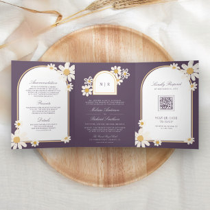 Invitación Tríptica Boda Retro de Margaritas Amarillas y Morado Polvor