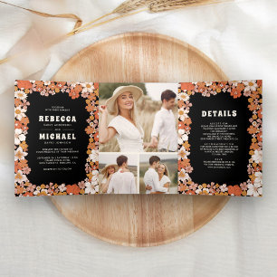 Invitación Tríptica Boda Retro Groovy de Flor Silvestre Naranja Negra
