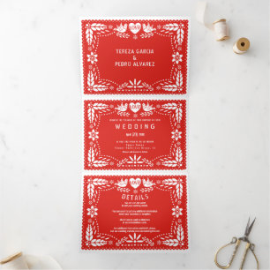 Invitación Tríptica Boda rojo de pájaros amorosos de picado