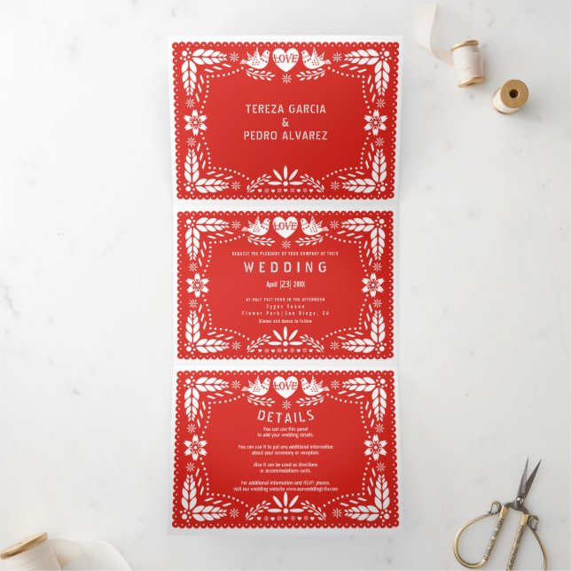 Invitación Tríptica Boda rojo de pájaros amorosos de picado (Interior)