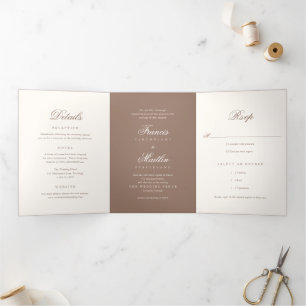 Invitación Tríptica Boda Romántica Marrón Elegante