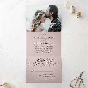 Invitación Tríptica Boda Rosa Claro Caligrafía Elegante