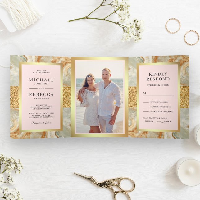 Invitación Tríptica Boda Rosa Claro Mármol Dorado Brillo (Subido por el creador)