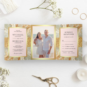 Invitación Tríptica Boda Rosa Claro Mármol Dorado Brillo Marrón
