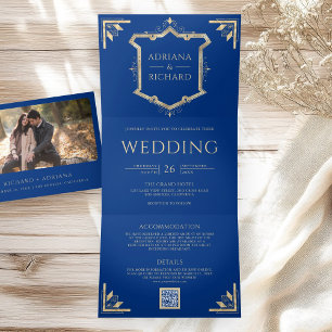 Invitación Tríptica Boda Royal Blue Código QR Vintage Gold Crest
