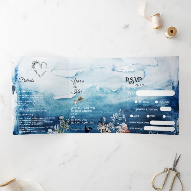 Invitación Tríptica Boda RSVP Complete Rustic Ocean (Interior)