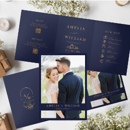 Invitación Tríptica boda RSVP de código QR de foto azul marino minimal