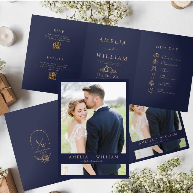 Invitación Tríptica boda RSVP de código QR de foto azul marino minimal (Subido por el creador)