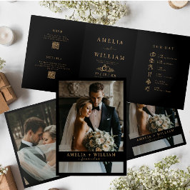 Invitación Tríptica boda RSVP de código QR de foto de oro negro minima