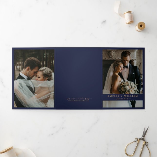 Invitación Tríptica boda RSVP de código QR de foto de oro negro minima (Exterior)