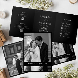 Invitación Tríptica boda RSVP de código QR de foto negra minimalista