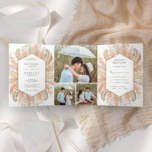 Invitación Tríptica Boda Rústica Boho Collage de Fotos de Hierba de Pa