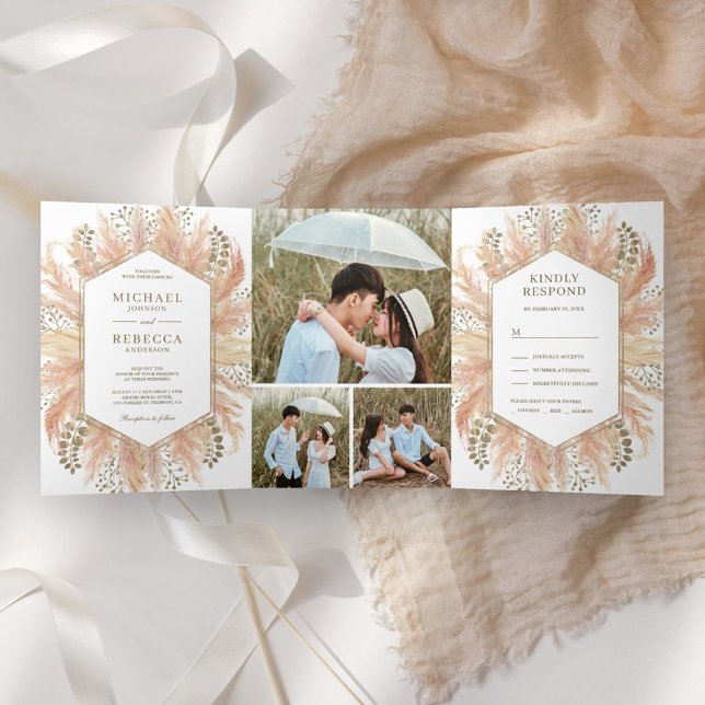 Invitación Tríptica Boda Rústica Boho Collage de Fotos de Hierba de Pa (Subido por el creador)