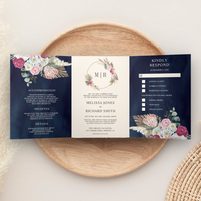 Invitación Tríptica Boda Rústica Boho Flores Rosadas Pampas Azul Marin (Subido por el creador)