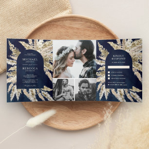Invitación Tríptica Boda Rústica Boho Pampas Hierba Azul Marino Arco