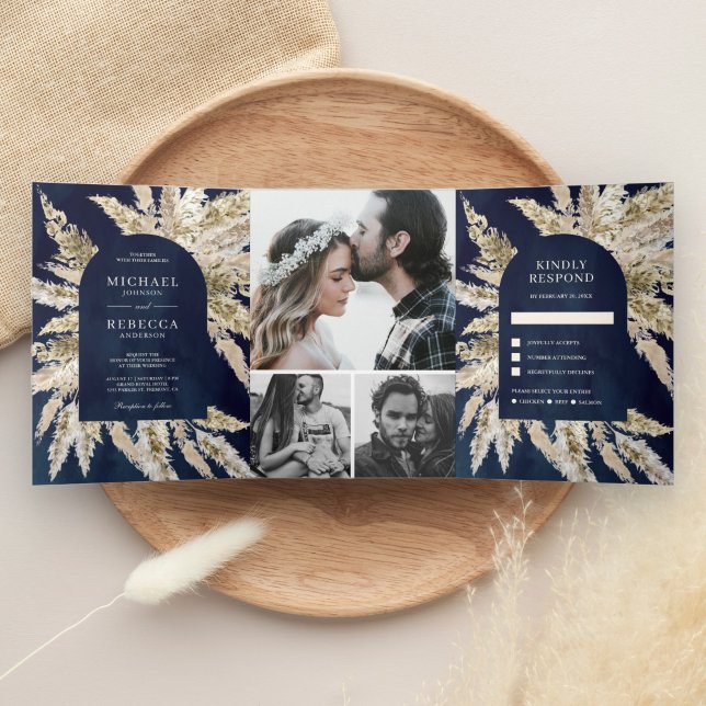 Invitación Tríptica Boda Rústica Boho Pampas Hierba Azul Marino Arco (Subido por el creador)