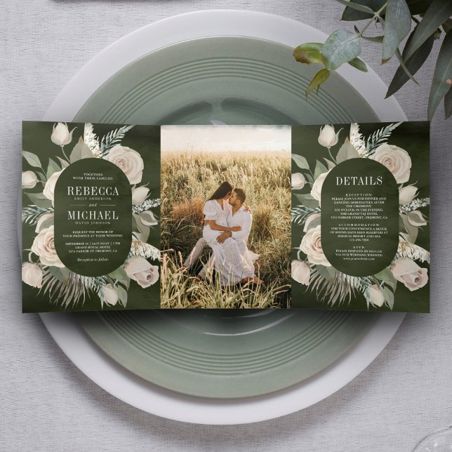 Invitación Tríptica Boda Rústica Boho Rosas Marfil Verde Salvia Oscuro (Subido por el creador)