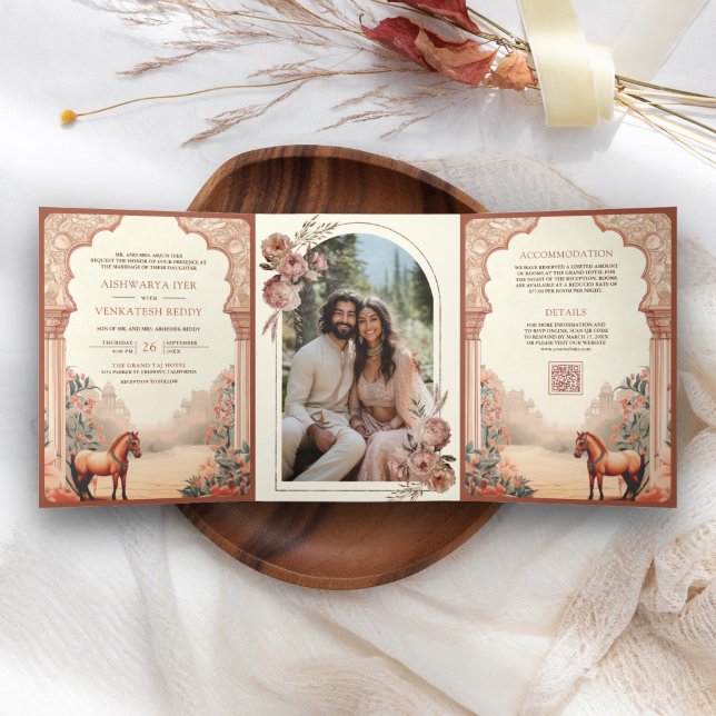 Invitación Tríptica Boda Rústica Boho Terrenal Floral India Caballo (Subido por el creador)