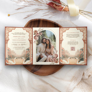 Invitación Tríptica Boda rústica boho terrenal floral india cisne