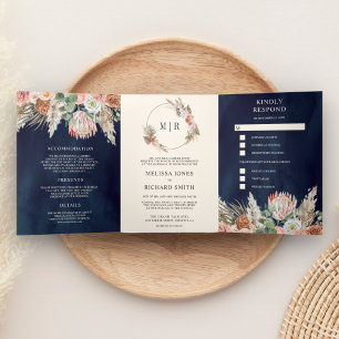 Invitación Tríptica Boda Rústica Boho Terrosa Floral Pampas Azul Marin