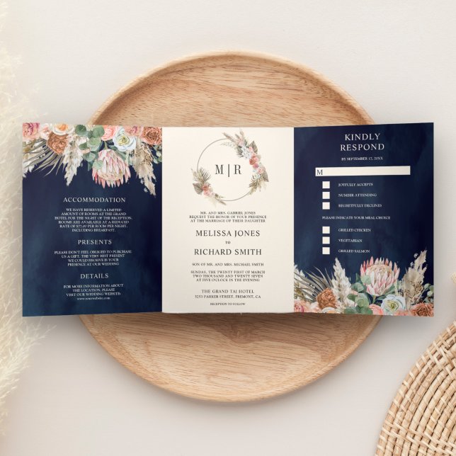Invitación Tríptica Boda Rústica Boho Terrosa Floral Pampas Azul Marin (Subido por el creador)